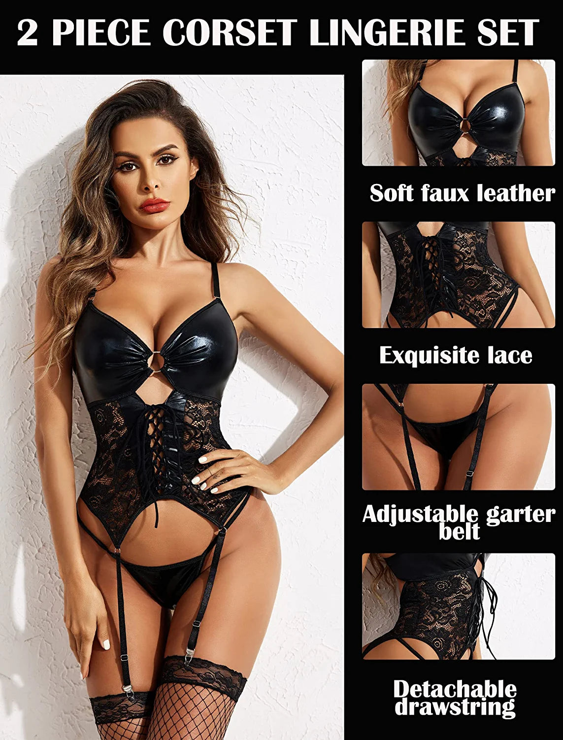 Avidlove Leather Bodysuit Lace Up Corset Set With Garter Lace Bodysuit Teddy with Panty