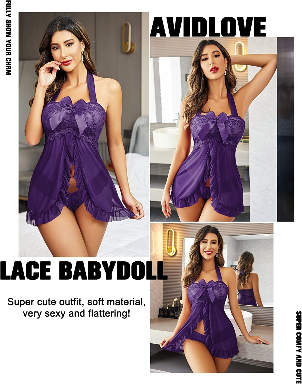 Avidlove Lingerie for Lace Babydoll Open Front Sleepwear Halter Nighty Chemsie XS-5XL