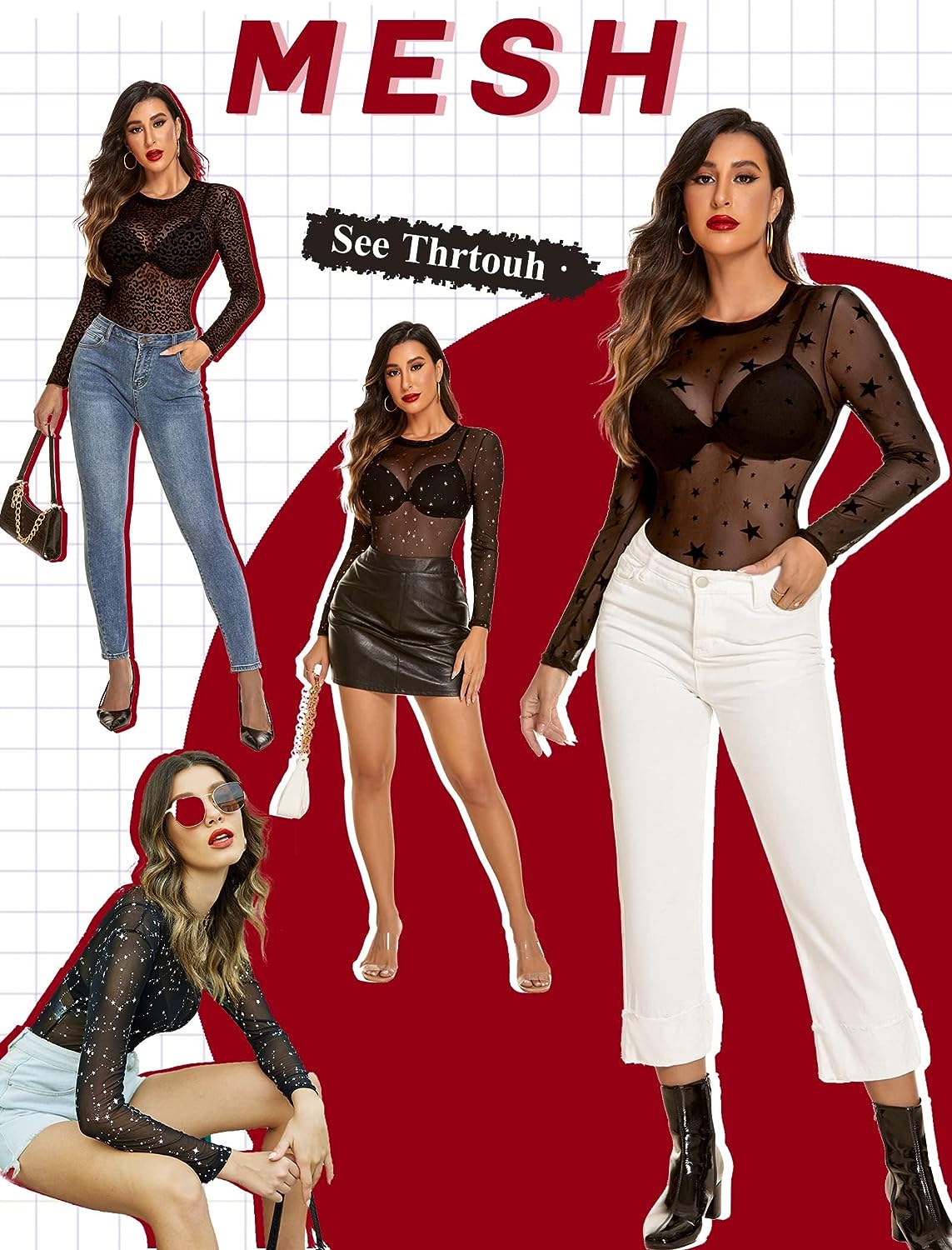 Avidlove Mesh Bodysuit Black Long Sleeve Bodysuit Round Neck Sheer Leotards Bodysuit Tops Snap Crotch