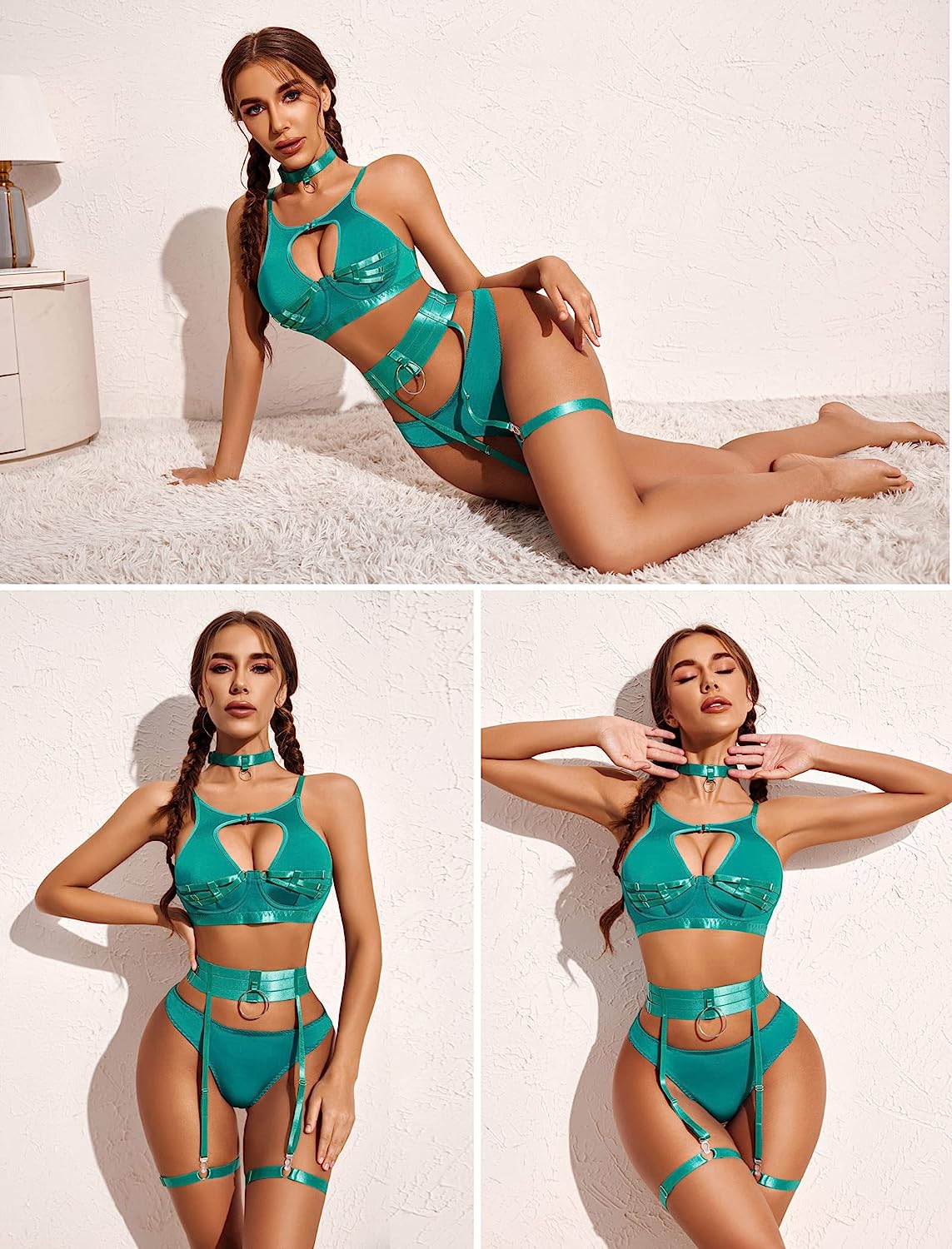 Avidlove Lingerie Set with Underwire Push Up Bondaged Lingerie Set 5 Piece Strappy Lingerie Set(No Stockings)