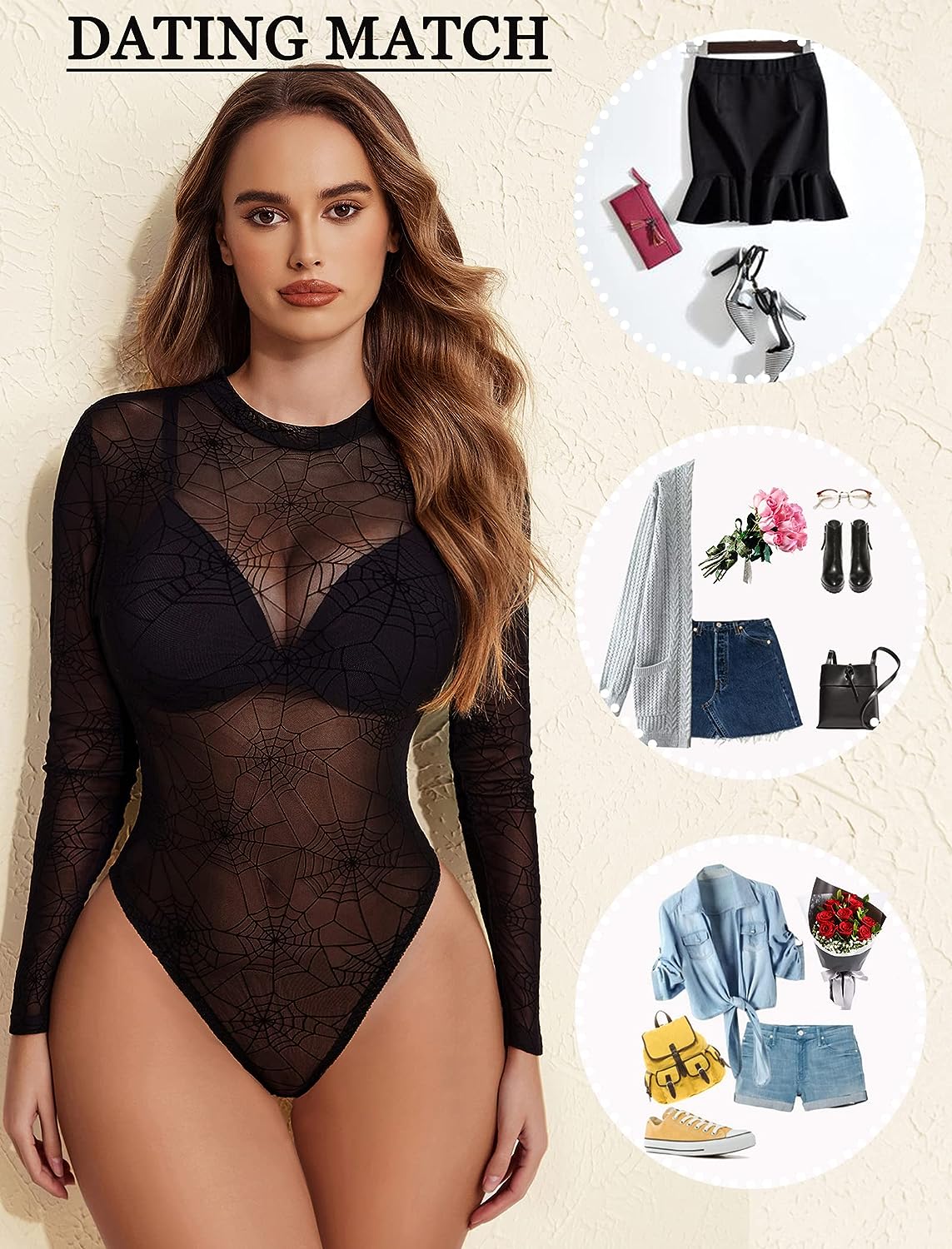 Avidlove Mesh Bodysuit Black Long Sleeve Bodysuit Round Neck Sheer Leotards Bodysuit Tops Snap Crotch