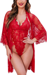 Avidlove Lingerie Set 2 Piece Lace Kimono Robe with Lace Teddy Lingerie Bodysuit