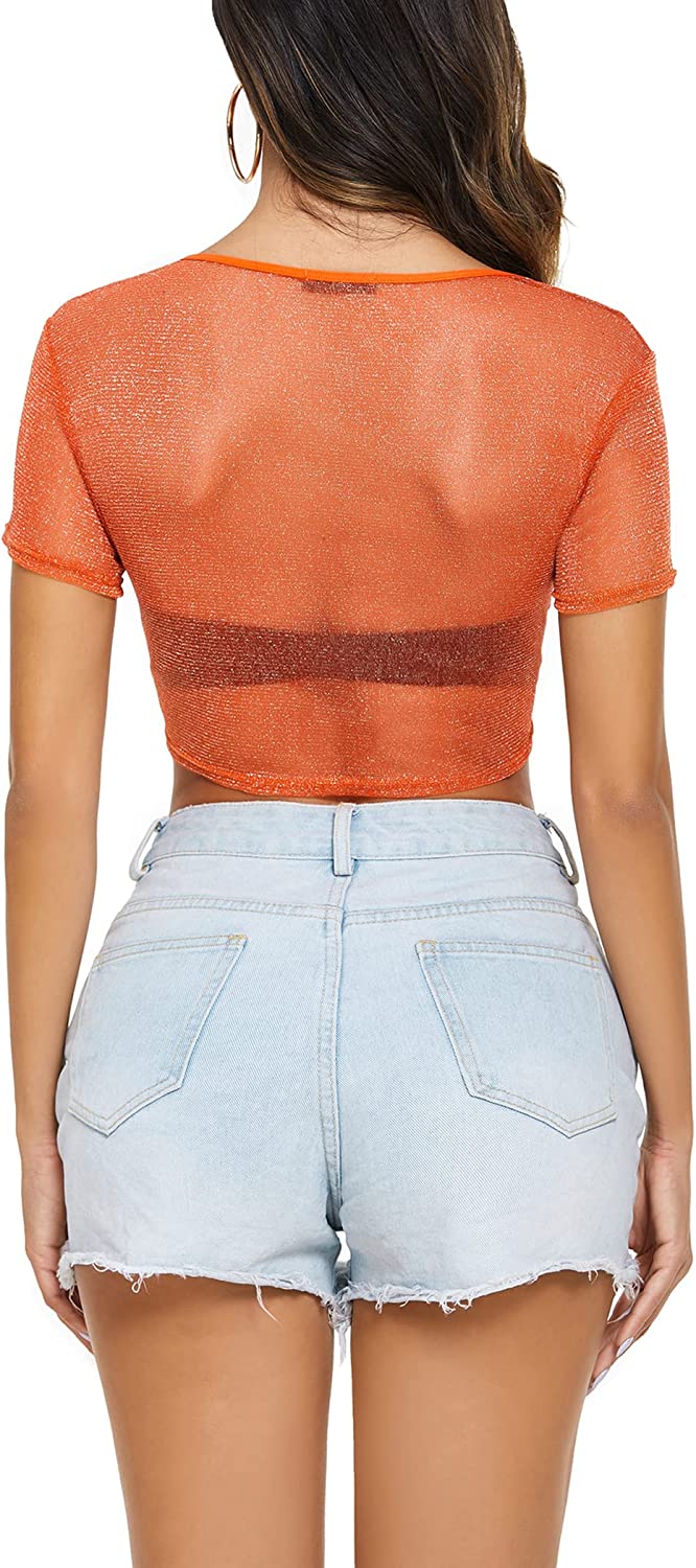Avidlove Mesh Crop Top for Short Sleeve Bodycon Tees See Through Blouse O Neck Clubwear