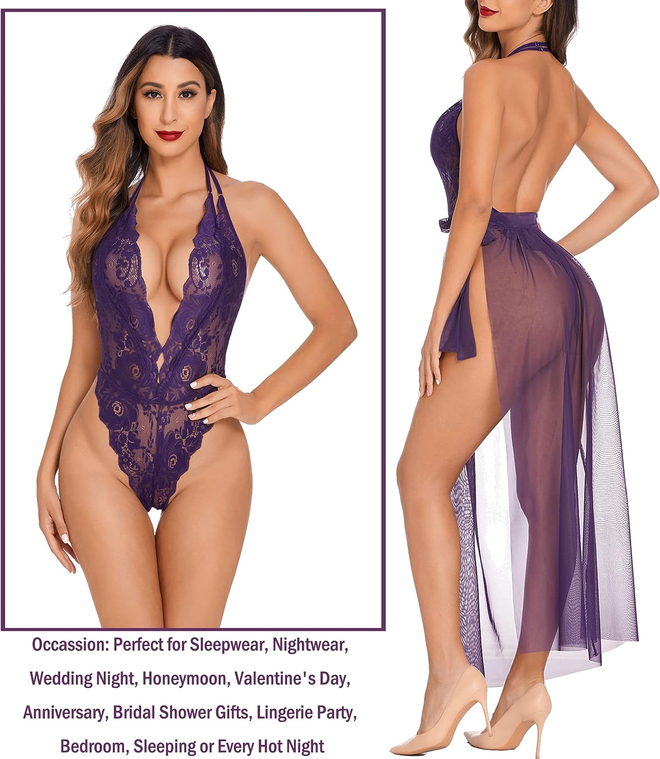 Avidlove Lingerie Nightgowns Deep V Lace Bodysuit Mosaic Lace Teddy Mesh Skirt