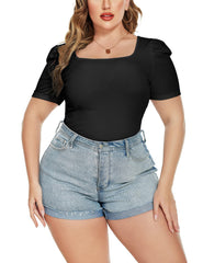 Print Square Neck Top Rib-Knit Puff Sleeve T-Shirt