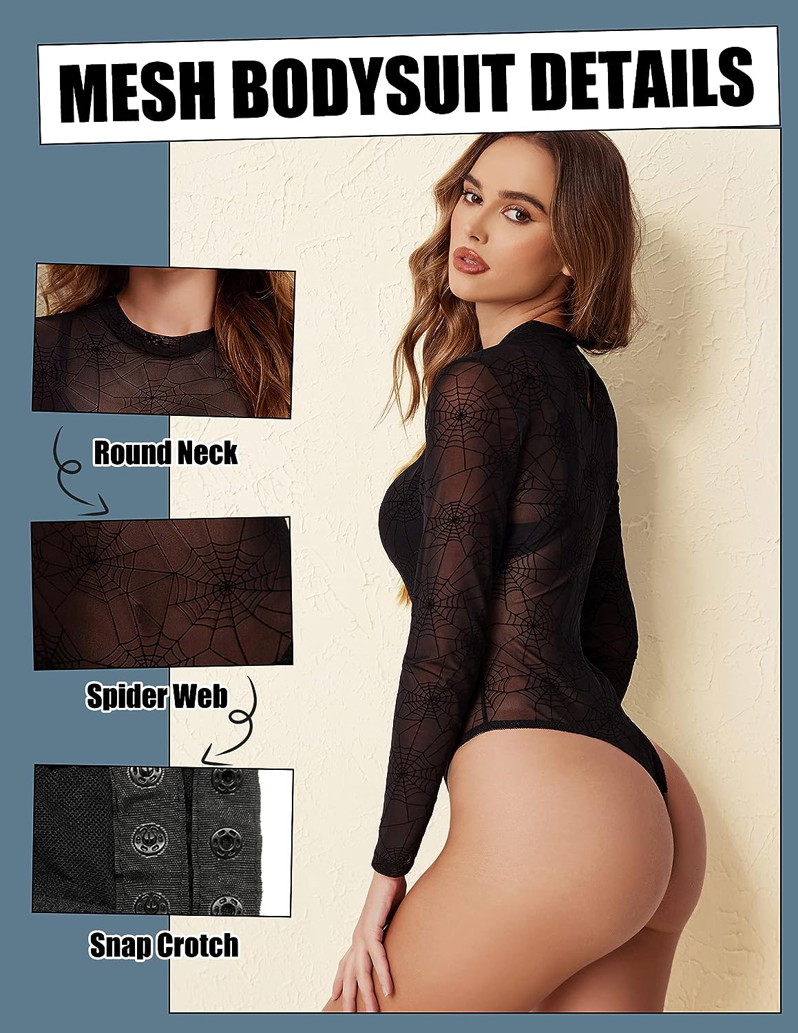Avidlove Mesh Bodysuit Black Long Sleeve Bodysuit Round Neck Sheer Leotards Bodysuit Tops Snap Crotch