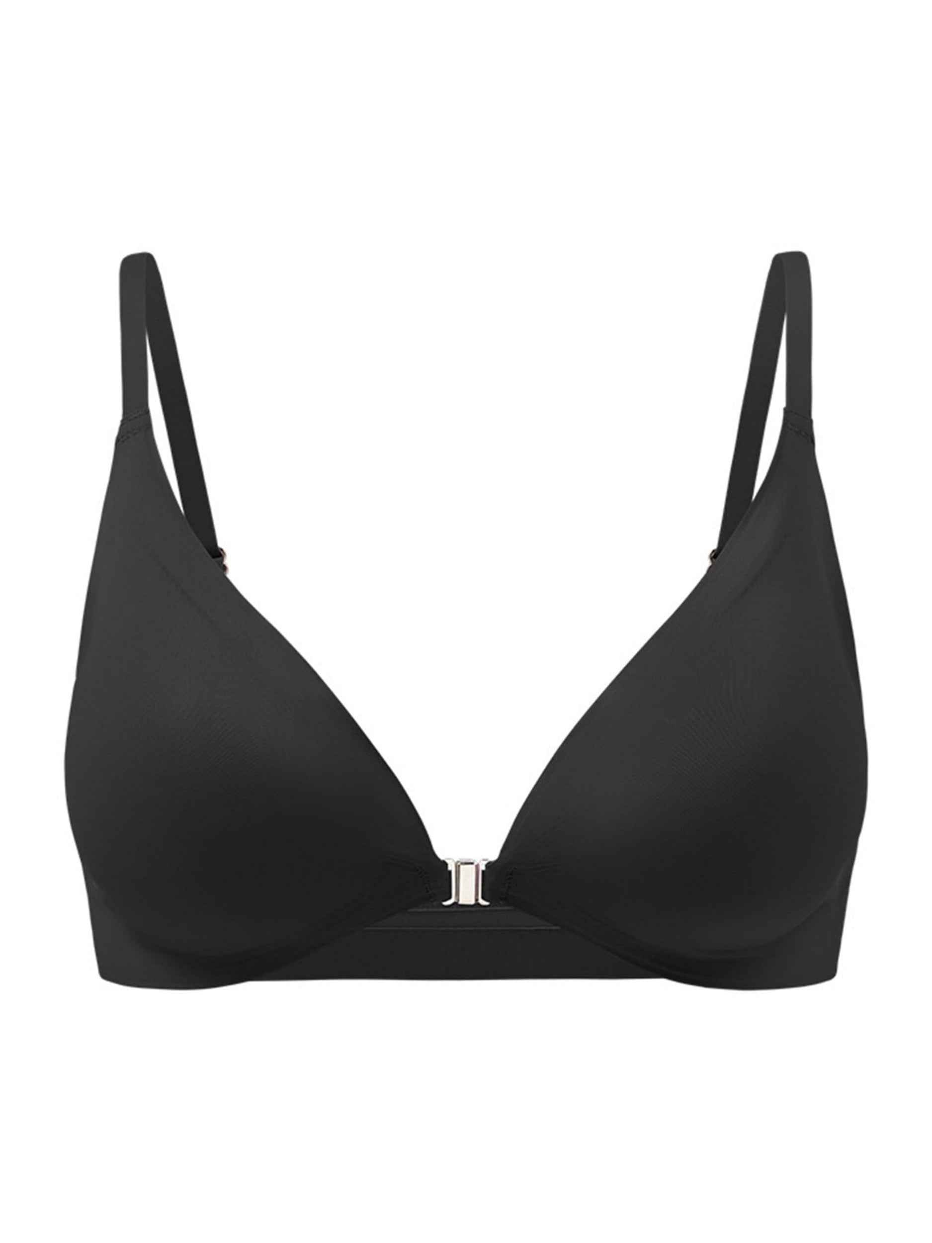 Comfortable Adjustable Straps Deep V Front Button Solid Color Wireless Bra Black