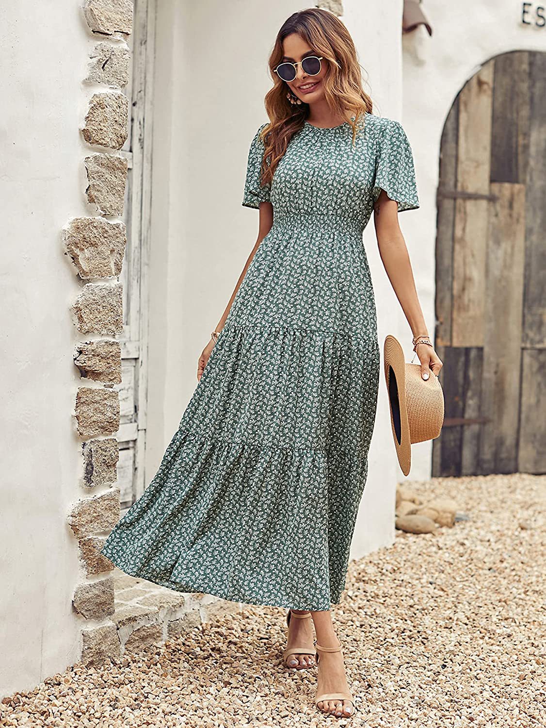 Dresses Women Casual Floral Print Dress O Neck Puff Sleeve Midi Dresses Summer Ladies Dress Vestidos
