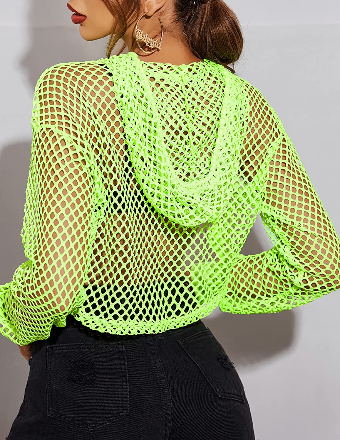 Avidlove Mesh Hoodie Crop Top Fishnet Shirt Long Sleeve Crop Top Hoodie