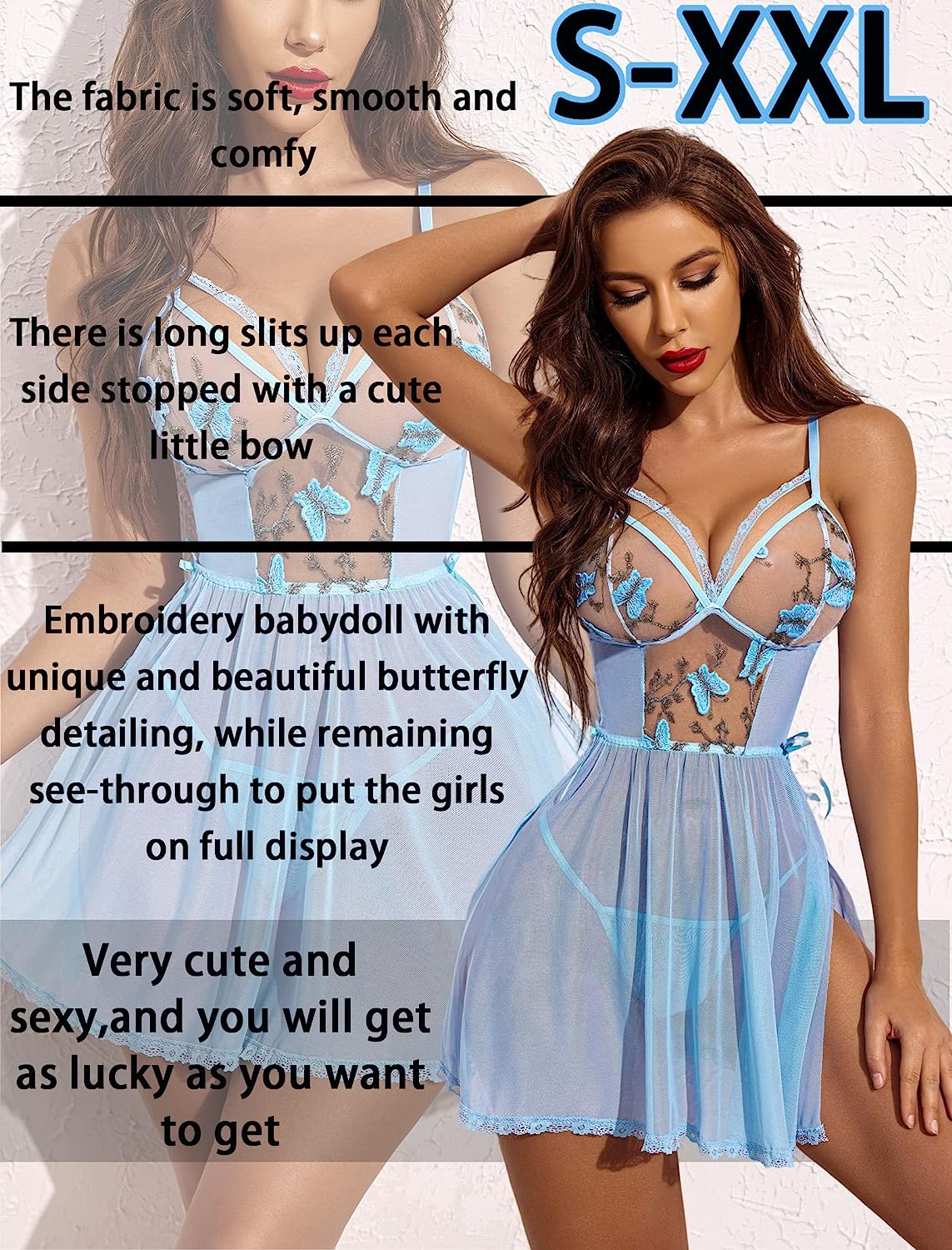 Avidlove Lingerie Lace Chemise Floral Embroidery Mesh Babydoll Side Slit Sleepwear