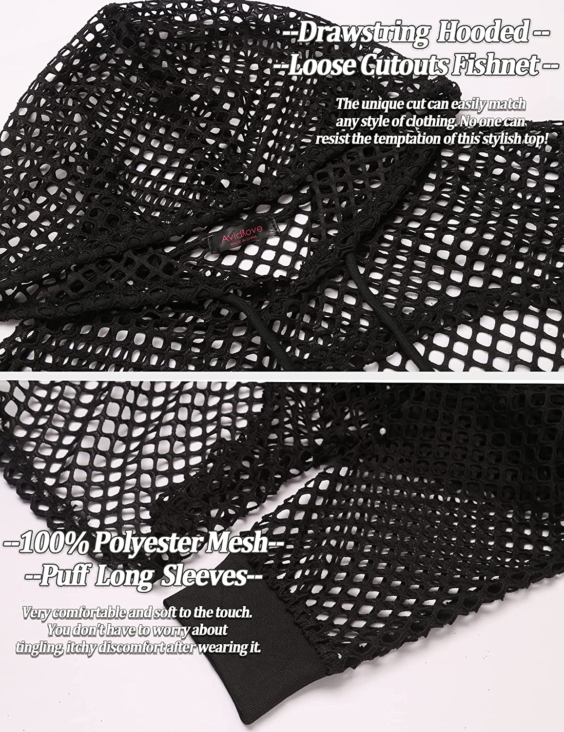 Avidlove Mesh Hoodie Crop Top Fishnet Shirt Long Sleeve Crop Top Hoodie