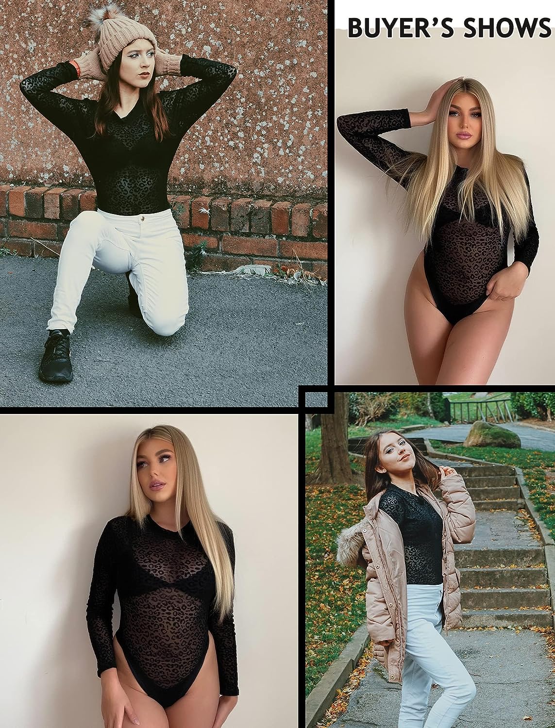 Avidlove Mesh Bodysuit Black Long Sleeve Bodysuit Round Neck Sheer Leotards Bodysuit Tops Snap Crotch