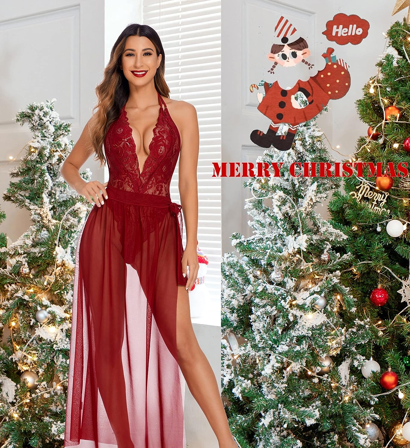 Avidlove Lingerie Nightgowns Deep V Lace Bodysuit Mosaic Lace Teddy Mesh Skirt
