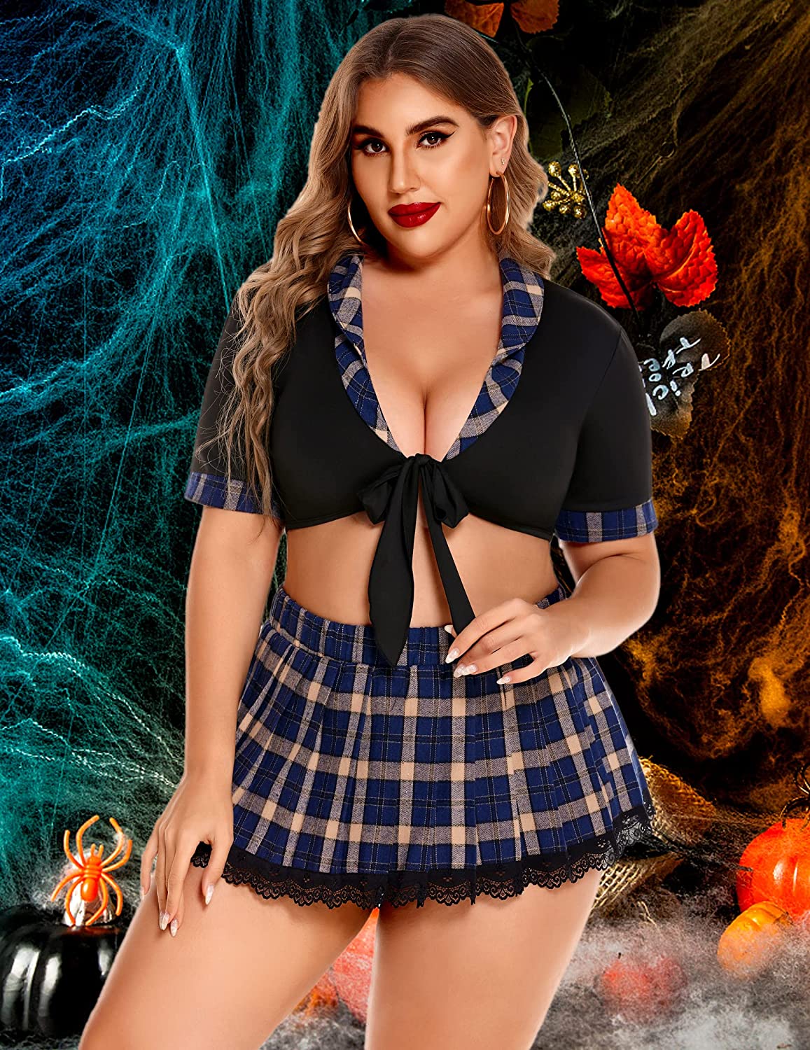 Avidlove Lingerie for Plus Size School Girl Lingerie Role Playing Outfit with Tie Top and Mini Pleated Skirt