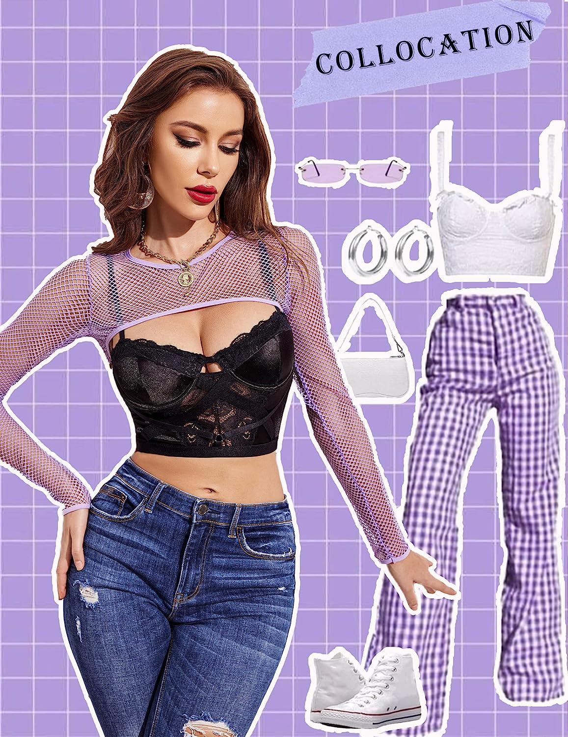 Avidlove Fishnet Long Sleeve Crop Top See Through Shirt Sheer Blouse Outfits