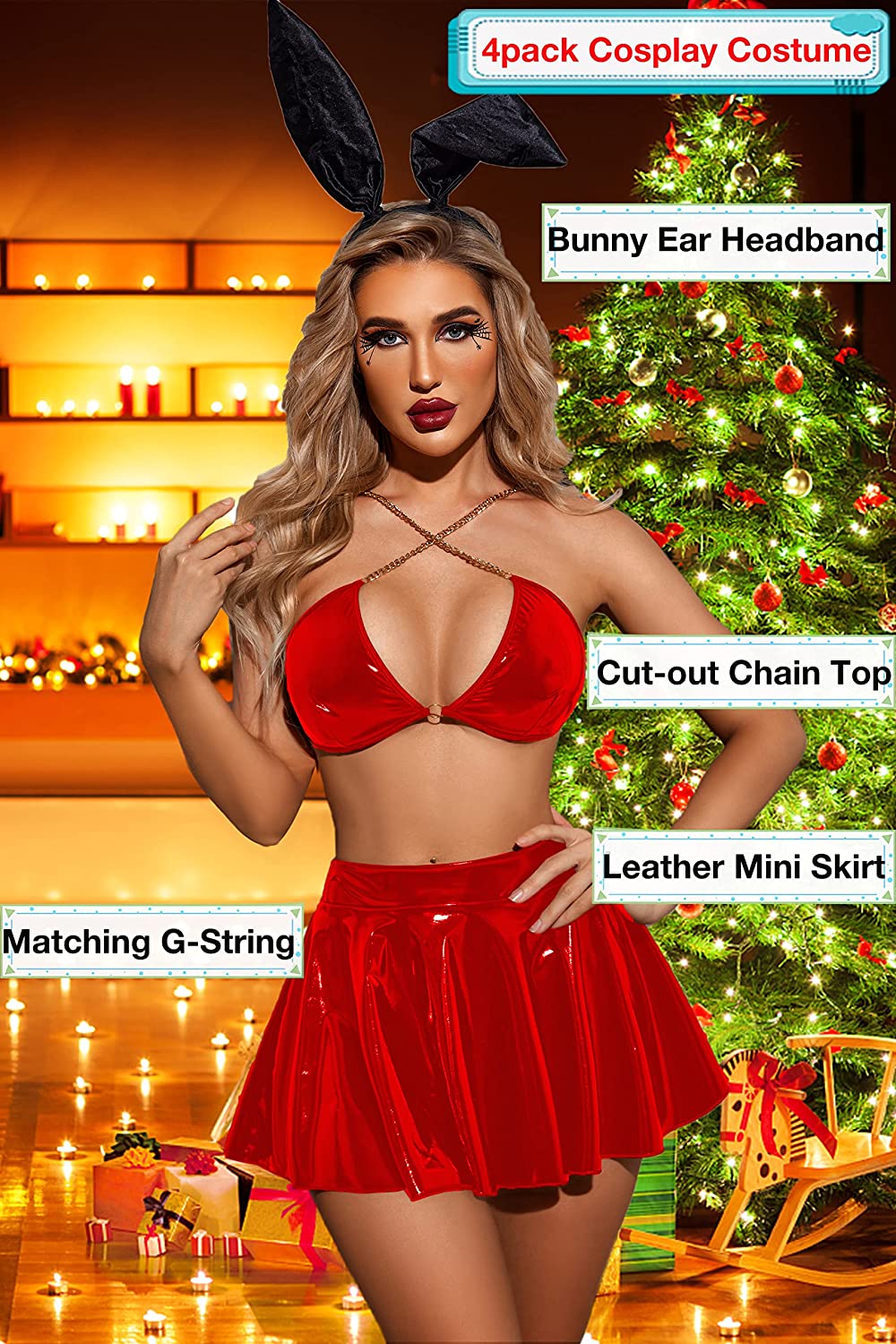 Avidlove Bunny Lingerie Cosplay Costume Leather 4pack Ring Chain Linked Cut-out Halloween Outfit Set