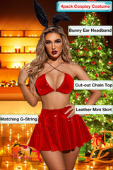 Avidlove Bunny Lingerie Cosplay Costume Leather 4pack Ring Chain Linked Cut-out Halloween Outfit Set