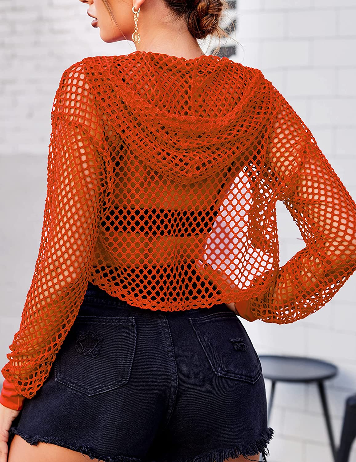 Avidlove Mesh Hoodie Crop Top Fishnet Shirt Long Sleeve Crop Top Hoodie
