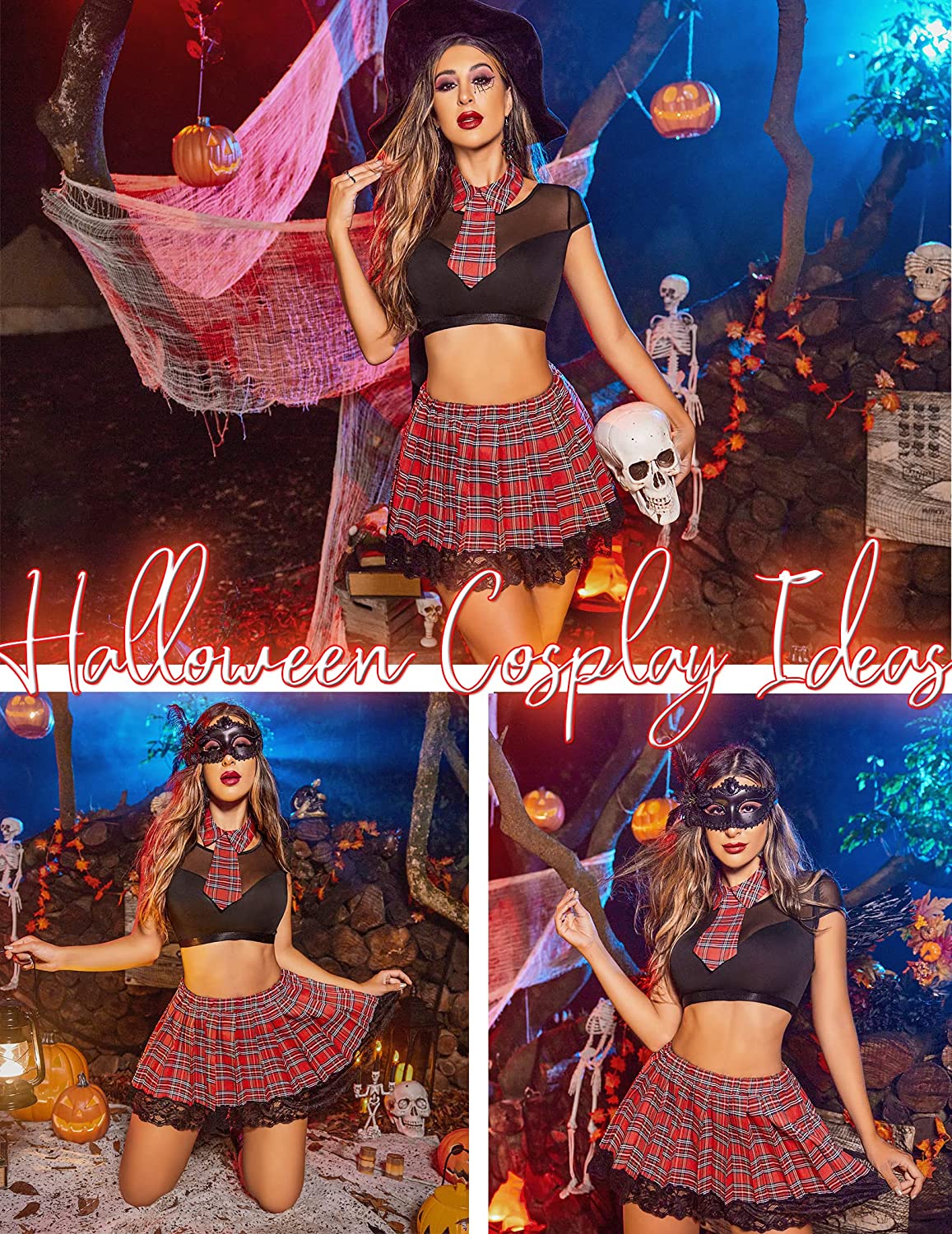 Avidlove Schoolgirl Lingerie for 3 Piece Mesh Crop Top & Plead Skirt Roleplay Costumes with Tie
