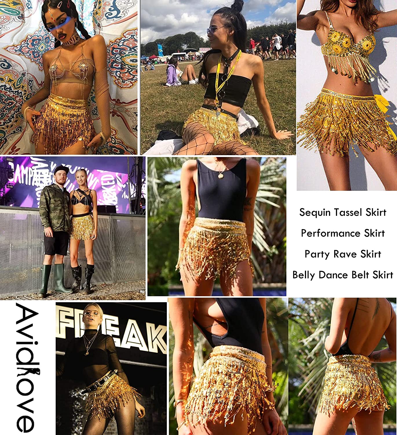 Avidlove Sequin Tassel Skirt Belly Dance Belt Dance Performance Skirt Party Rave Skirt for Women