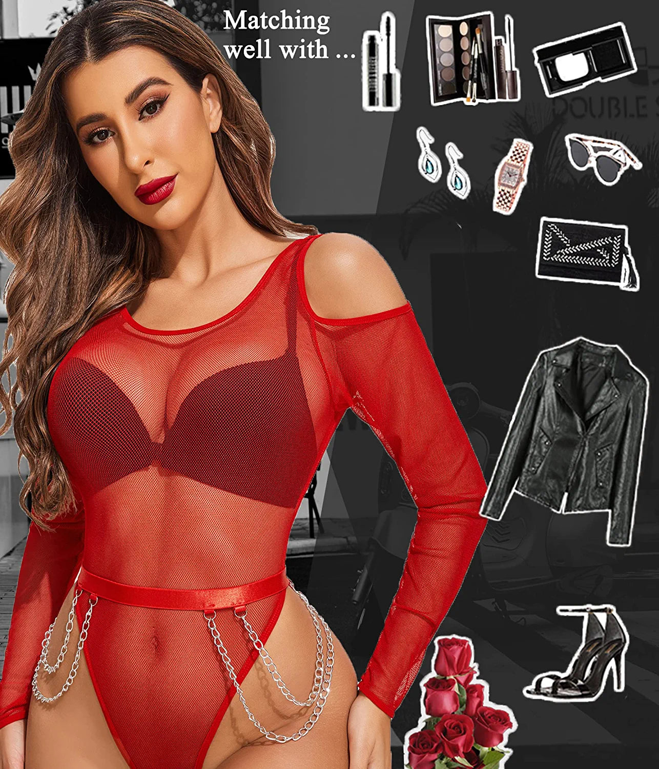Avidlove Bodysuit for Mesh Tops Cold Shoulder Long Sleeve Shirts Waist Chains Snap Crotch Teddy Lingerie