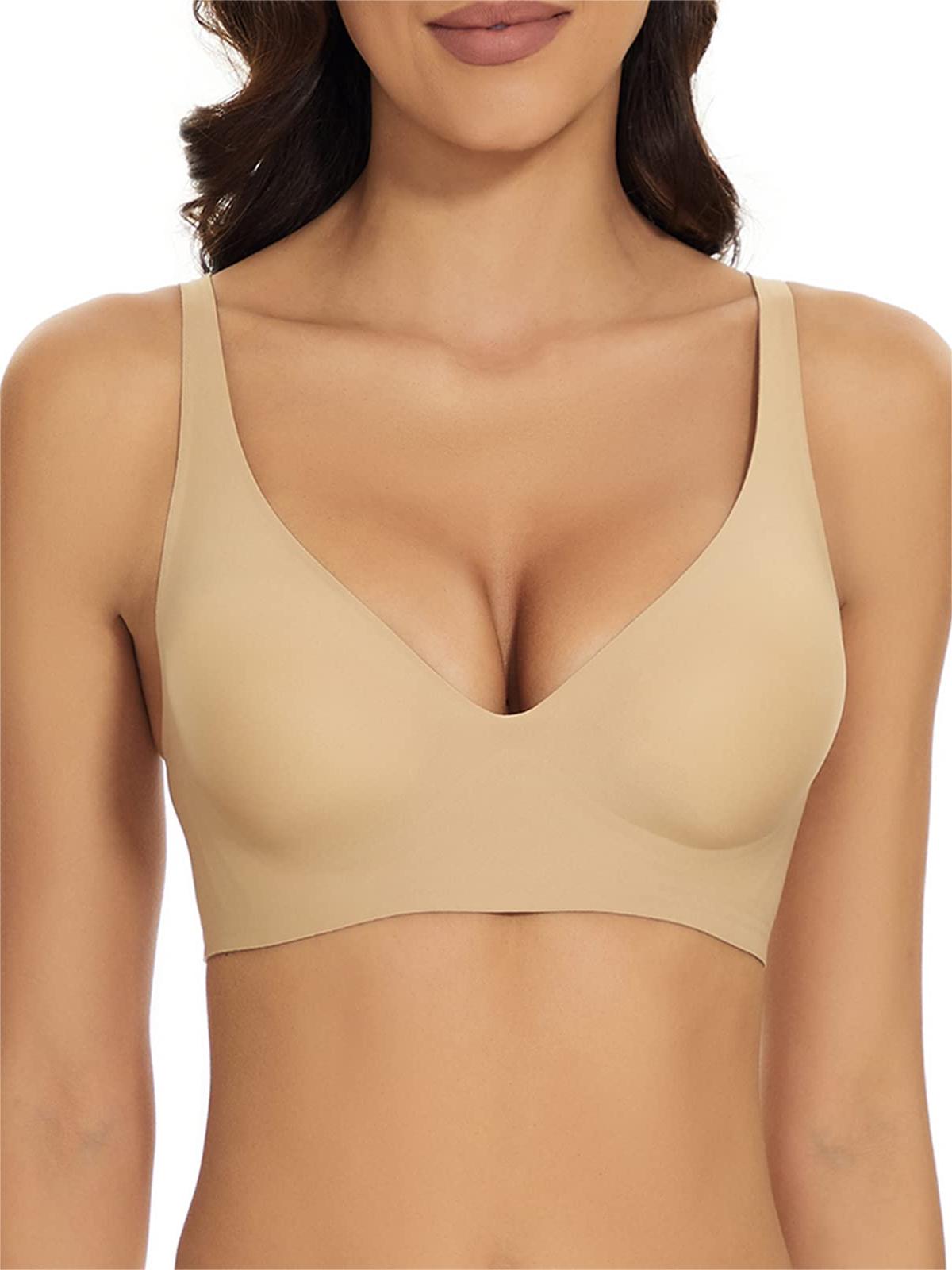 Haullps Wirefree Seamless Bra for Women Invisible Deep V Plunge Bra with Removeable Padding