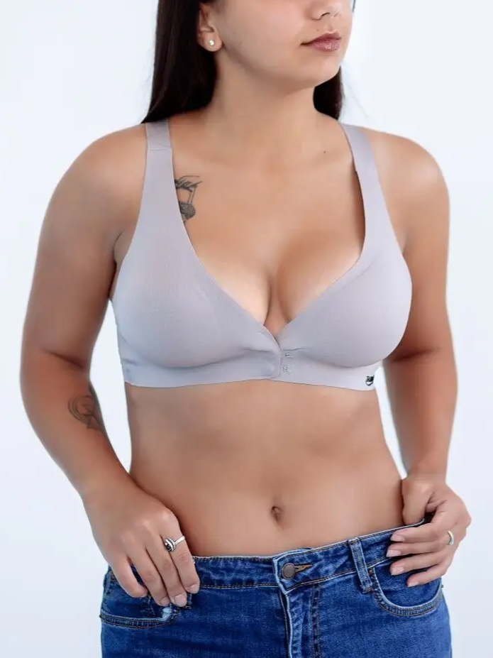 Deep V Minimizer Front Closure Push-up Wireless Bra Gray
