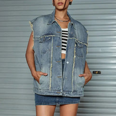 Lisette - Blue Loose Fit Single-Breasted Denim Vest