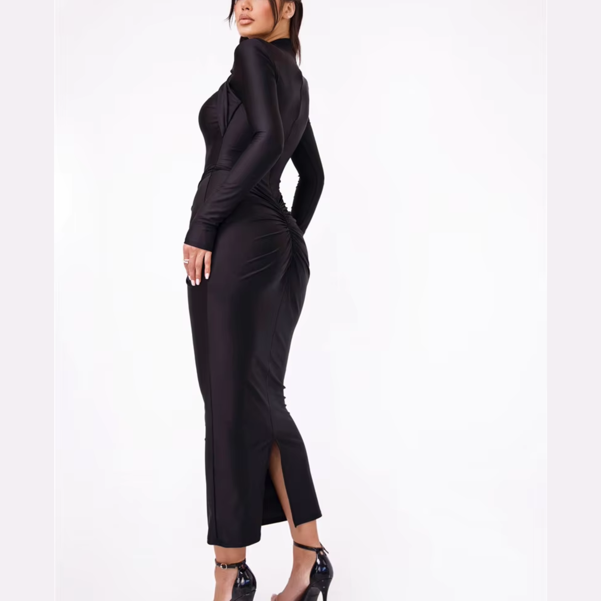 Agnola - Black Cutout Ruched Maxi Bodycon Dress