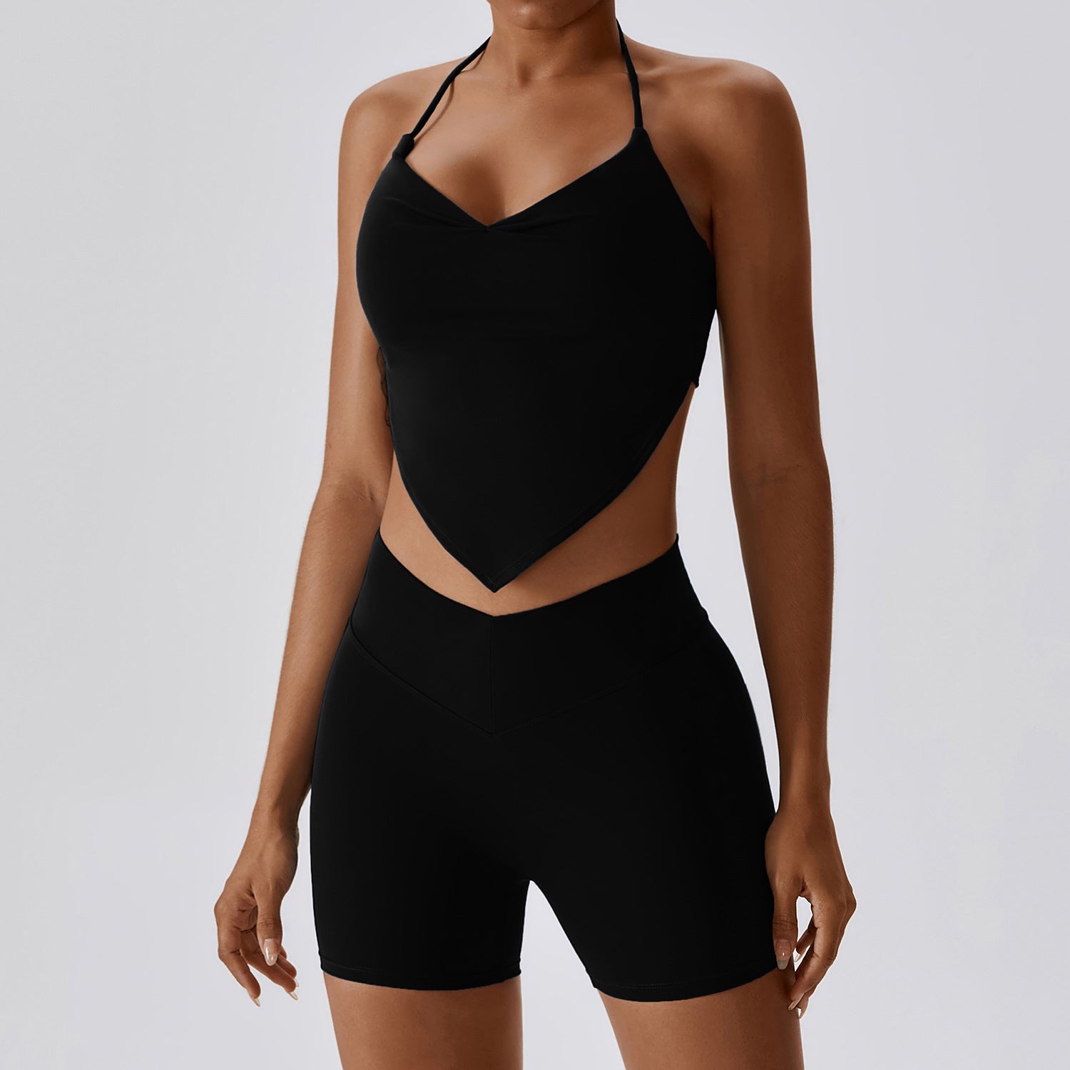 Backless Halter Workout Bra & Pockets Shorts Set