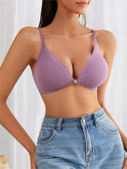 Comfortable Adjustable Straps Deep V Front Button Solid Color Wireless Bra Violet