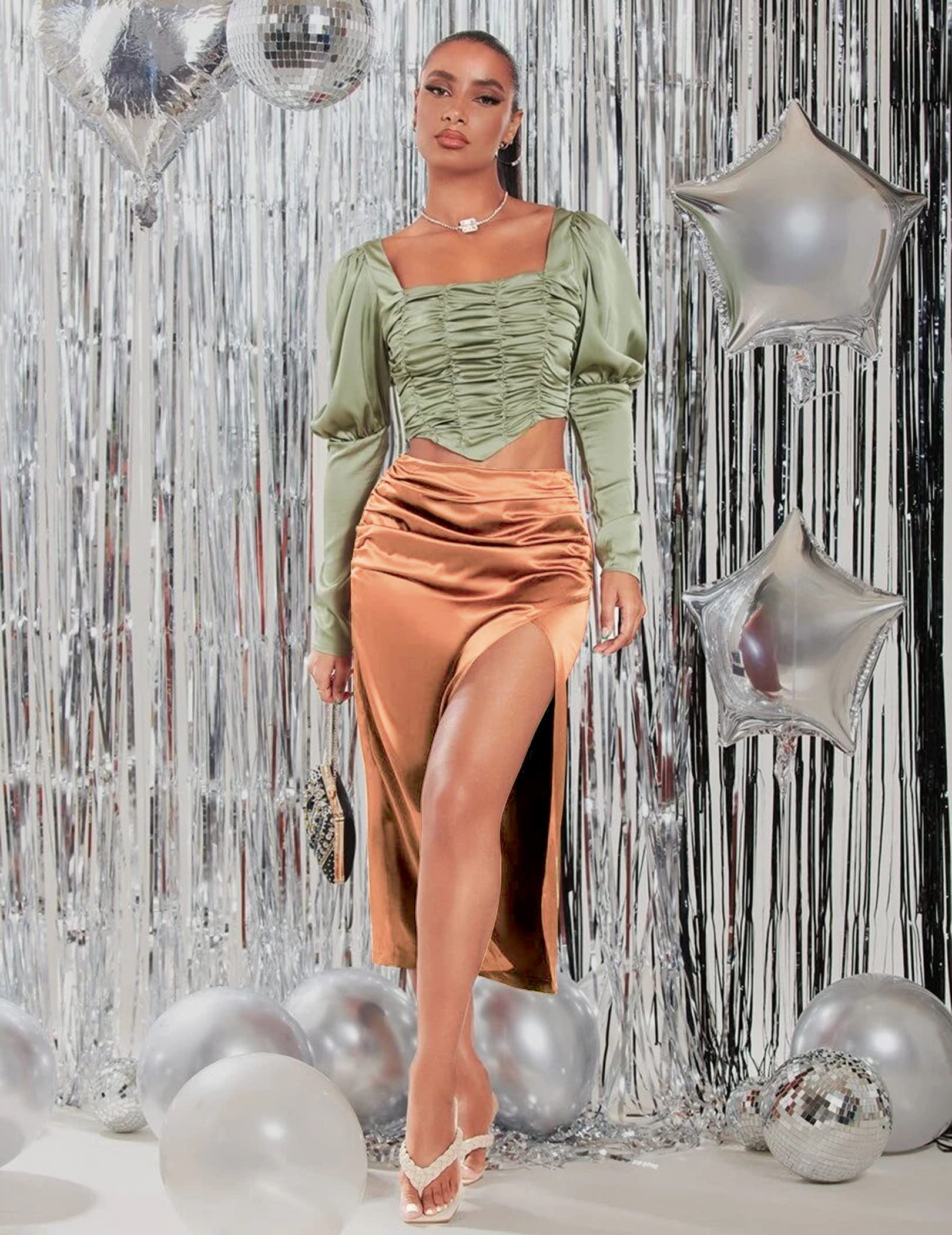 Satin Midi High Waist Split Thigh Solid  Skirt