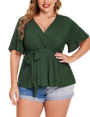 V-Neck Casual Tunics Ruffle T-Shirts