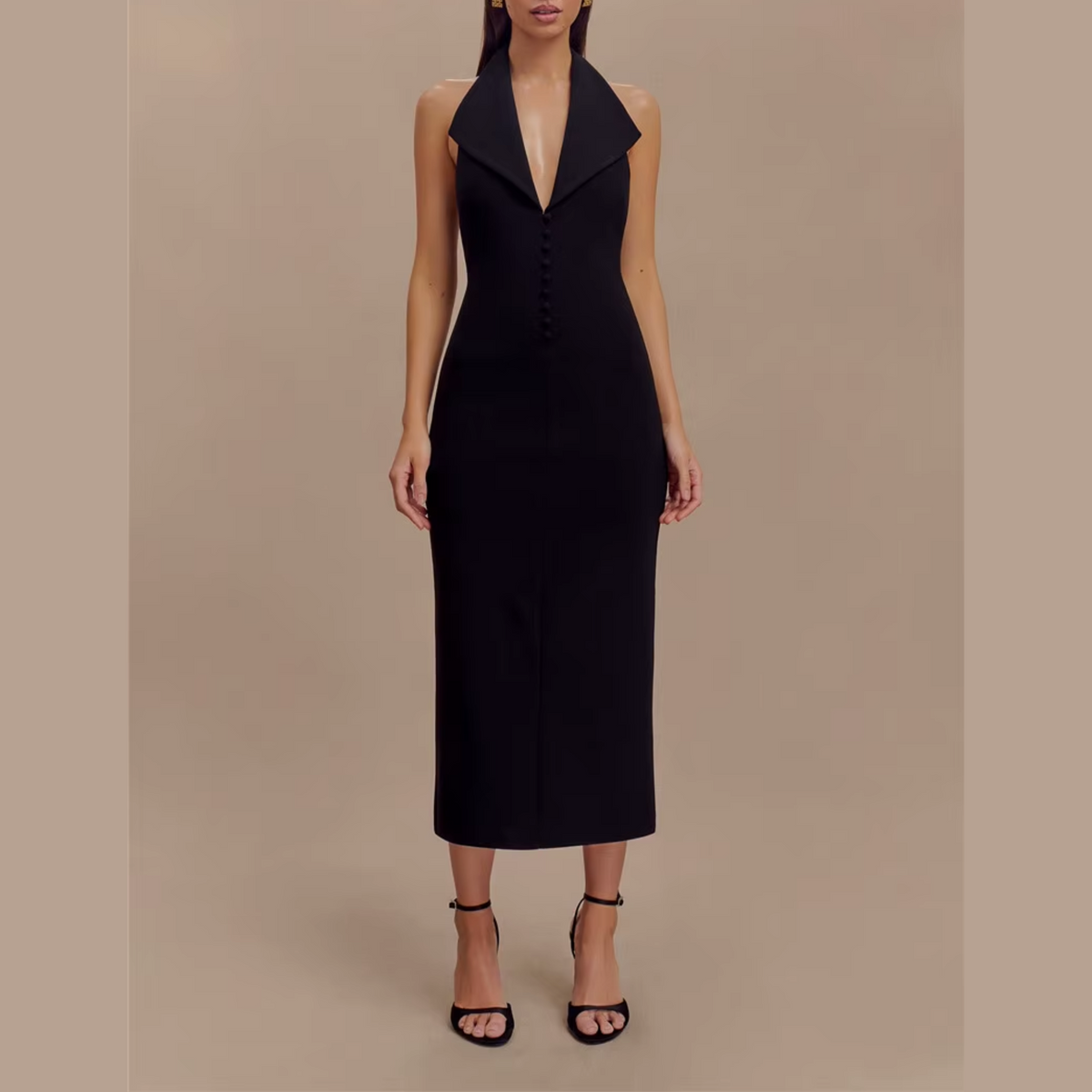 Fleur - Black Deep V Halter Neck Dress