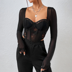 Ginevra - Black Sheer Mesh & Lace Crop Top
