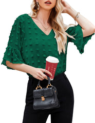 Swiss Dot Tops V Neck Short Sleeve Chiffon