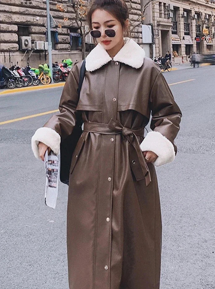 Korean Faux Leather Trench Coat