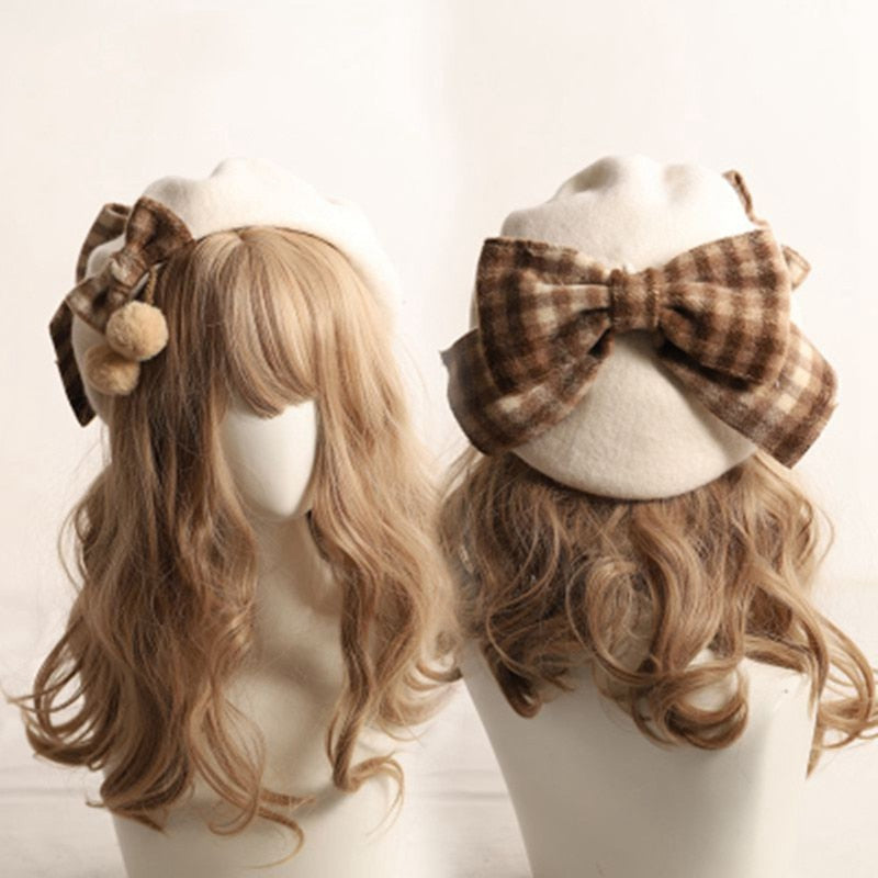 Kawaii Plaid Beret with Bow