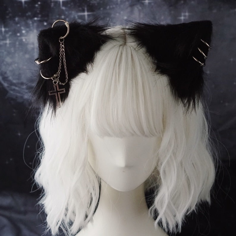 Gothic Black Cat Ears Hairpins with Metal Chain