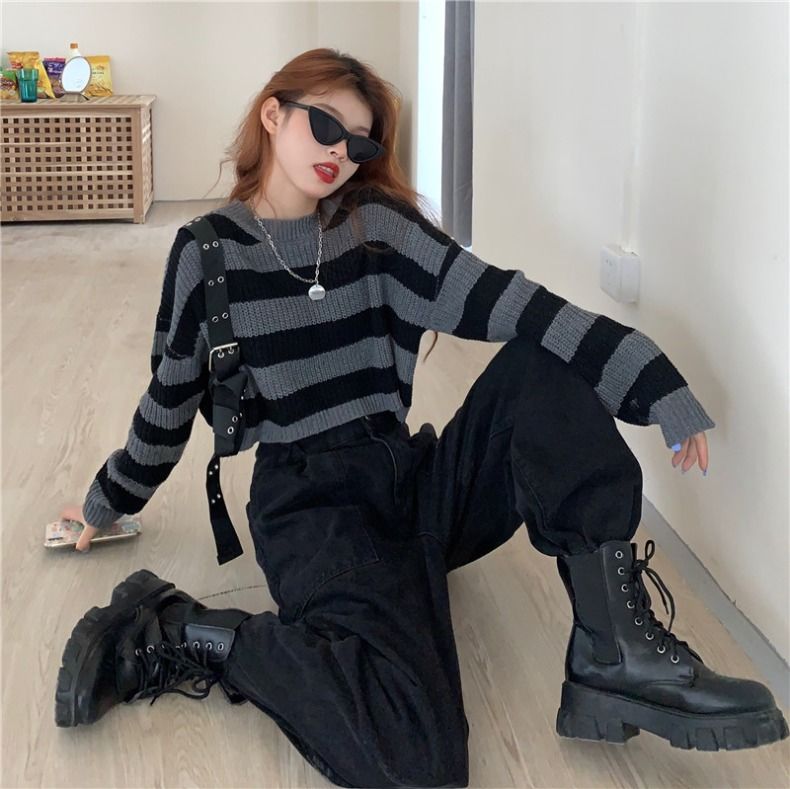 Korean Striped Cropped Sweater