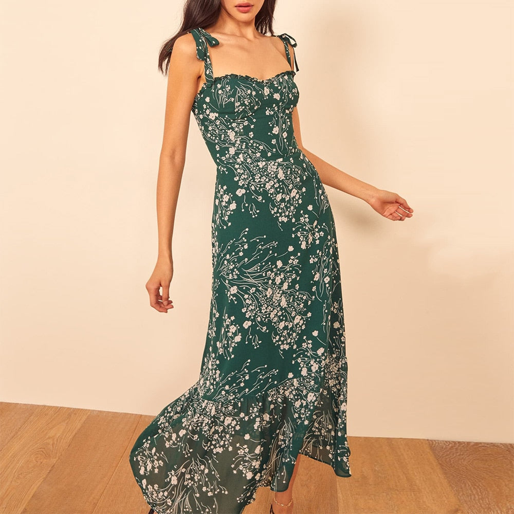 Dresses For Women 2023 Elegant Vintage Floral Dress Frill Sweetheart Neck Sleeveless Strap Tie Ruffle Hem Summer Beach Dress