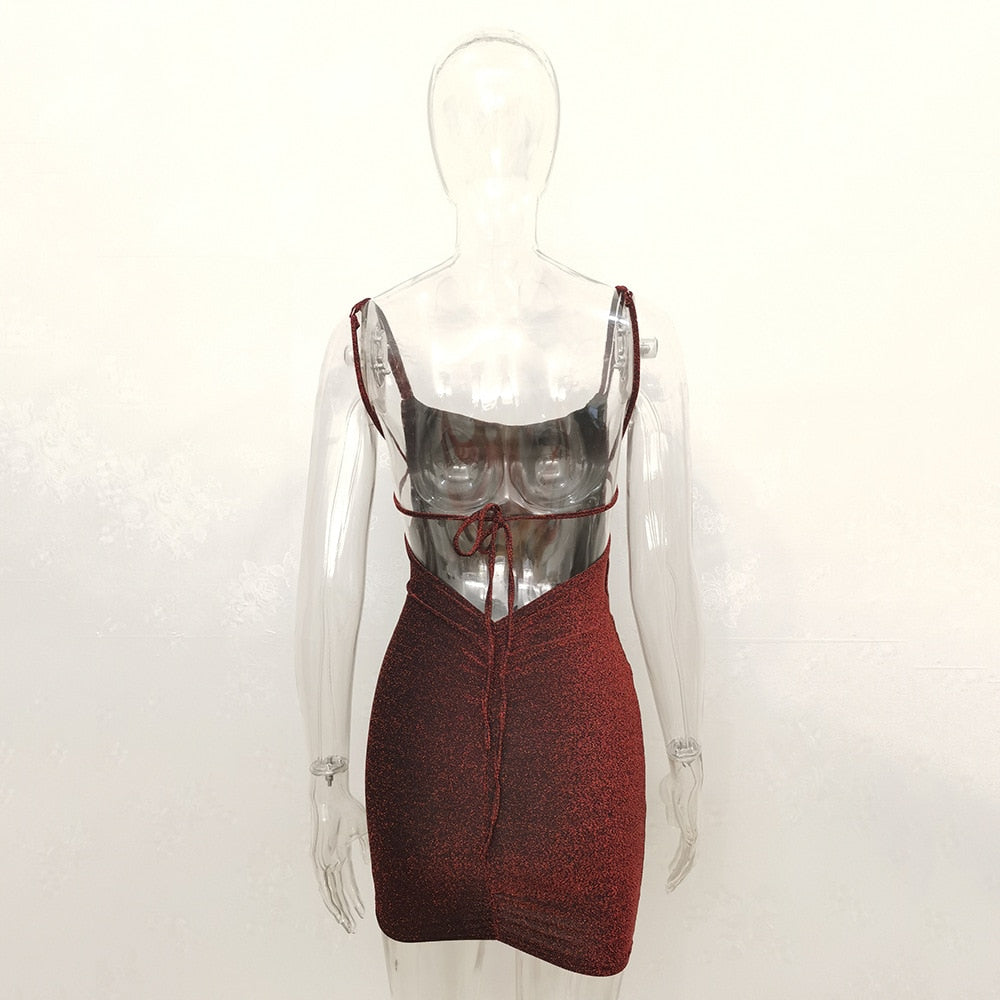 Dulzura Bling Glitter Sequin Women Strap Mini Dress Ruched Lace Up Backless Bodycon Sexy Party Club Autumn Winter Elegant