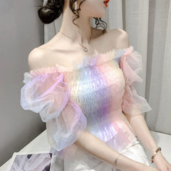 Colorful Puff Short Sleeve Blouse