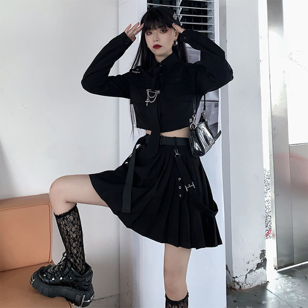 Korean Gothic Outfit Set - Shirt & Skirt