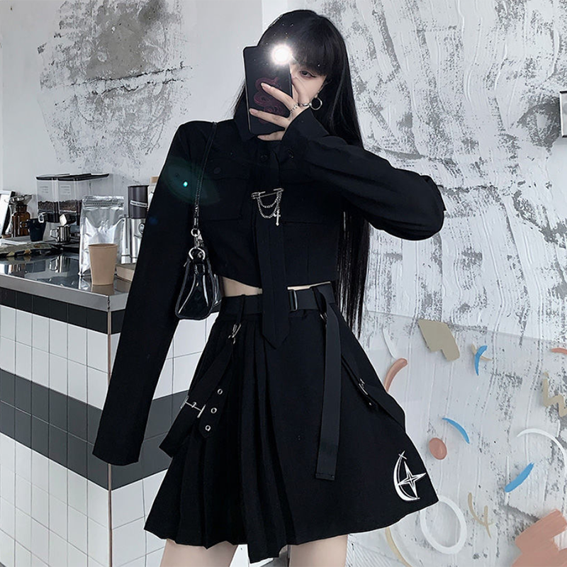 Korean Gothic Outfit Set - Shirt & Skirt