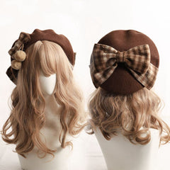 Kawaii Plaid Beret with Bow