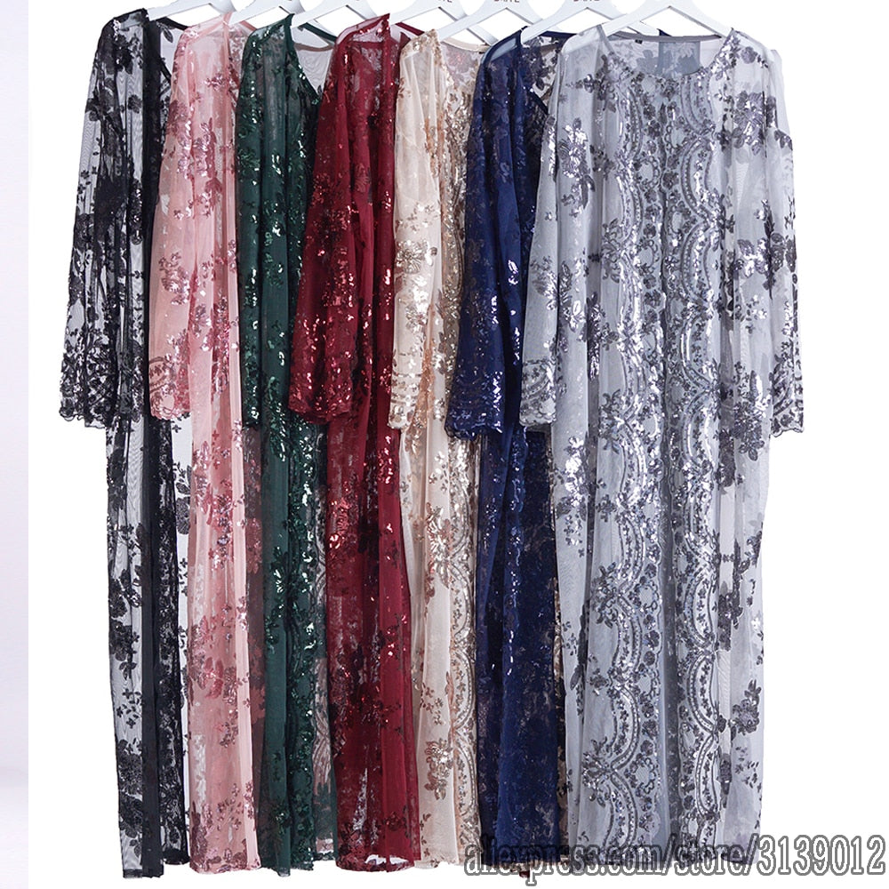Eid Ramadan Sequin Abaya Dubai Turkey Kimono Cardigan Femme Musulmane Muslim Hijab Dress Islam Abayas For Women Robe Kaftan