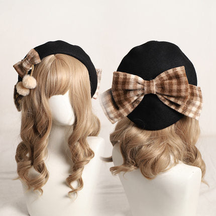 Kawaii Plaid Beret with Bow