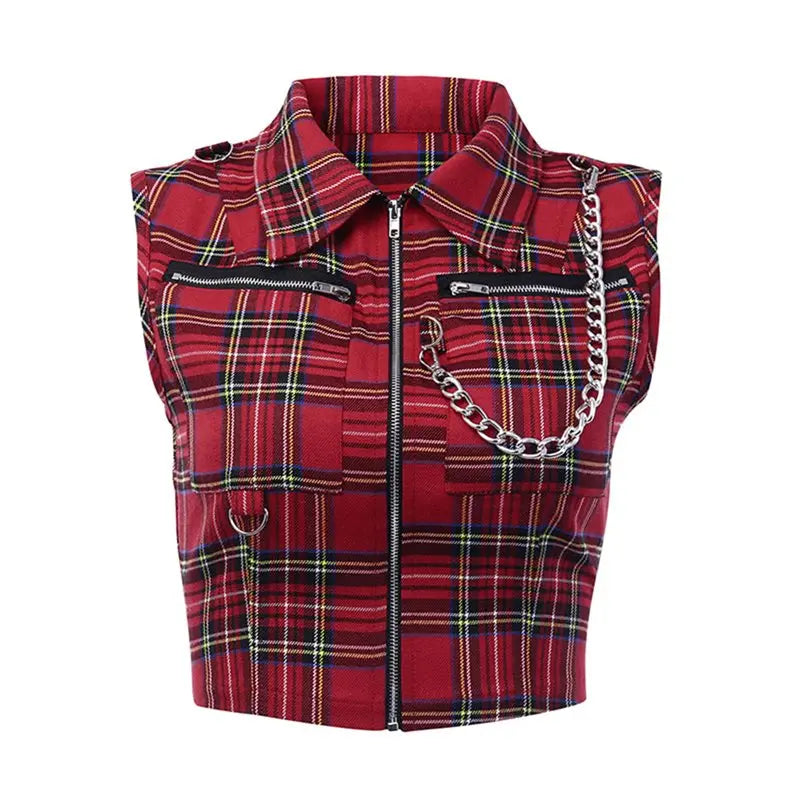 Punk Goth Outfit Set - Plaid Vest & Mesh Long Sleeve Top