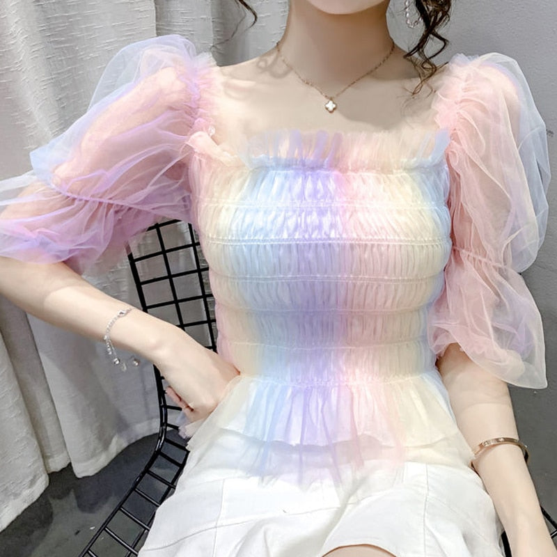 Colorful Puff Short Sleeve Blouse